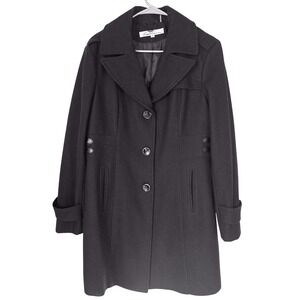 Kenneth Cole New York Black Wool Pea‎ Coat Buckles Women 14 Chic Luxury New York